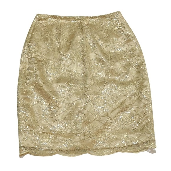 Kate Hill Women’s Gold Lace Pencil Skirt back Slit Sz 6 Lined - Picture 11 of 11